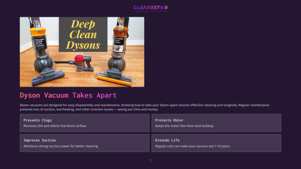 1 Dyson Vacuum Takes Apart Disassembled Dyson Vacuum Cleaner Parts, Including The Cyclone And Wand, Are Laid Out On A Wooden Surface Next To A Cleaning Brush. The Text &Quot;Deep Clean Dysons&Quot; Is Overlaid On The Image.