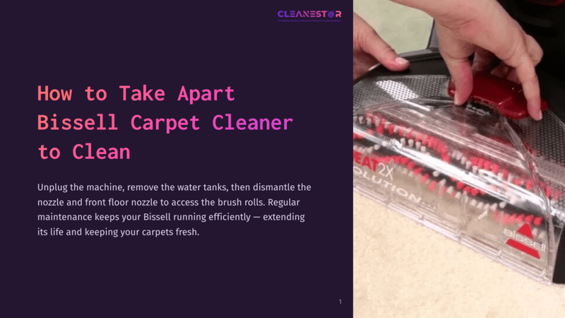 1 How To Take Apart Bissell Carpet Cleaner To Clean A Person’s Hand Holding A Bissell Carpet Cleaner Assembly With Visible Brush Rolls And A Transparent Casing, Against A Purple Background.