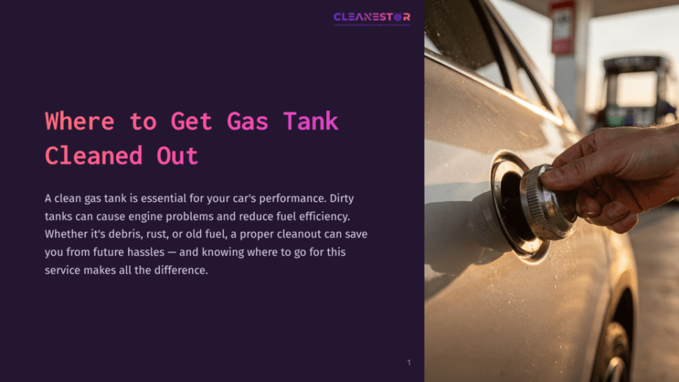 1 Where To Get Gas Tank Cleaned Out A Hand Unscrews The Gas Cap Of A White Car At A Gas Station, With The Setting Sun Casting A Warm Glow. The Text On The Left Reads &Quot;Where To Get Gas Tank Cleaned Out&Quot; And &Quot;Cleanestar&Quot;.