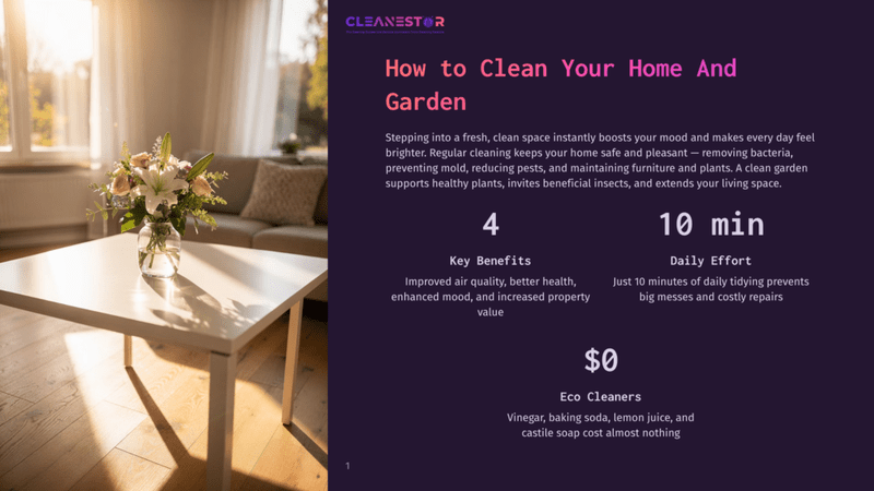 1 How To Clean Your Home And Garden Cleanestor Logo On A Dark Background With Text About Cleaning Your Home And Garden, And A Serene Living Room Scene With A Coffee Table And Flowers.