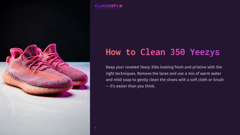 1 How To Clean 350 Yeezys Pink And Orange Adidas Yeezy Boost 350 Sneakers With Translucent Soles Sit On A Reflective Surface, With Text Overlaying The Right Side Of The Image Detailing How To Clean Yeezy 350S.