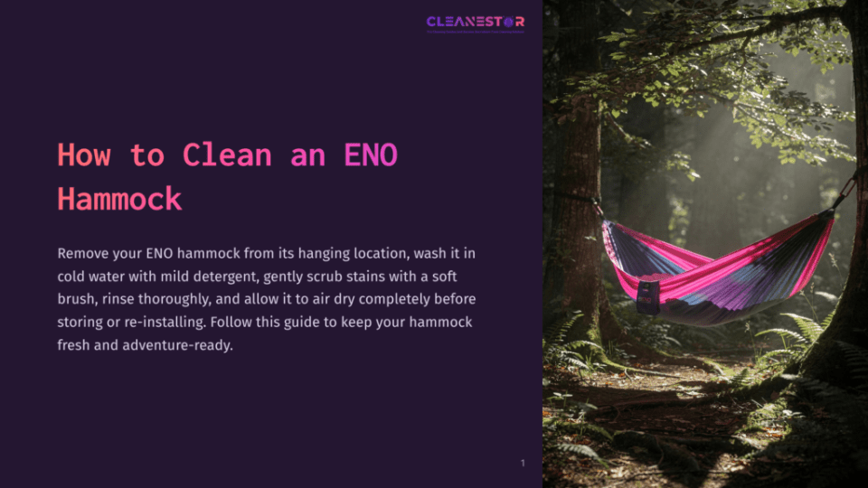 1 How To Clean An Eno Hammock A Pink And Purple Eno Hammock Hangs Between Two Large Trees In A Sun-Dappled Forest. The Text &Quot;Cleanestor&Quot; Is Visible In The Top Right Corner.
