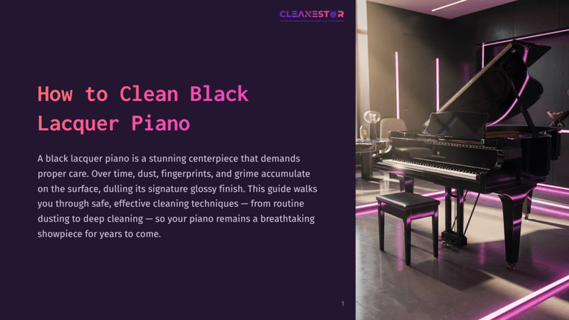 1 How To Clean Black Lacquer Piano A Gleaming Black Grand Piano With A Glossy Finish Sits In A Modern Room With Purple Neon Lighting. The Text &Quot;Cleanestor&Quot; Is Visible At The Top.