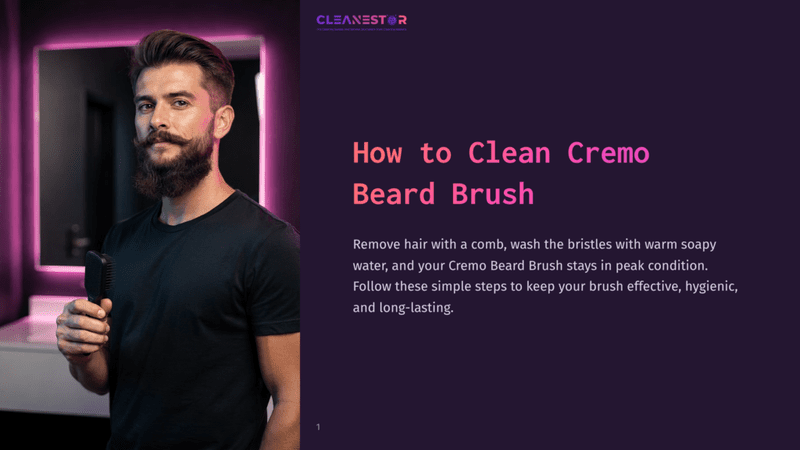 1 How To Clean Cremo Beard Brush Man With A Beard And Mustache Holding A Beard Brush, With The Text &Quot;How To Clean Cremo Beard Brush&Quot; On A Purple Background.