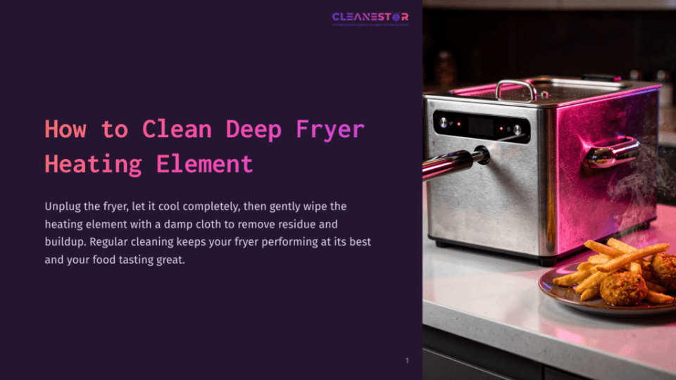 1 How To Clean Deep Fryer Heating Element Close-Up Of A Stainless Steel Deep Fryer Heating Element Being Cleaned With A Damp Cloth, With Fried Chicken And French Fries On A Plate In The Foreground And Pink And Blue Lighting Illuminating The Scene.