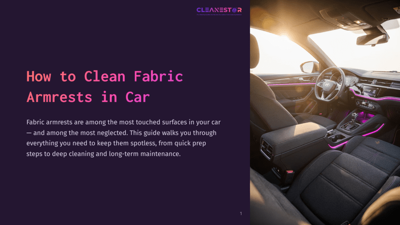 1 How To Clean Fabric Armrests In Car Interior Of A Modern Car With Fabric Armrests And Ambient Pink Lighting. The Text &Quot;How To Clean Fabric Armrests In Car&Quot; Is Overlaid On The Left Side Of The Image.