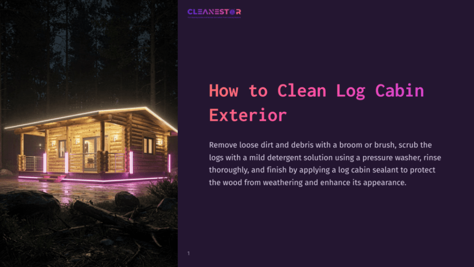 1 How To Clean Log Cabin Exterior A Beautifully Lit Log Cabin Exterior At Night, With Neon Pink Lights Accenting The Porch And Foundation, Surrounded By Dark Trees. The Image Features The Text &Quot;Cleanestor&Quot; And &Quot;How To Clean Log Cabin Exterior.