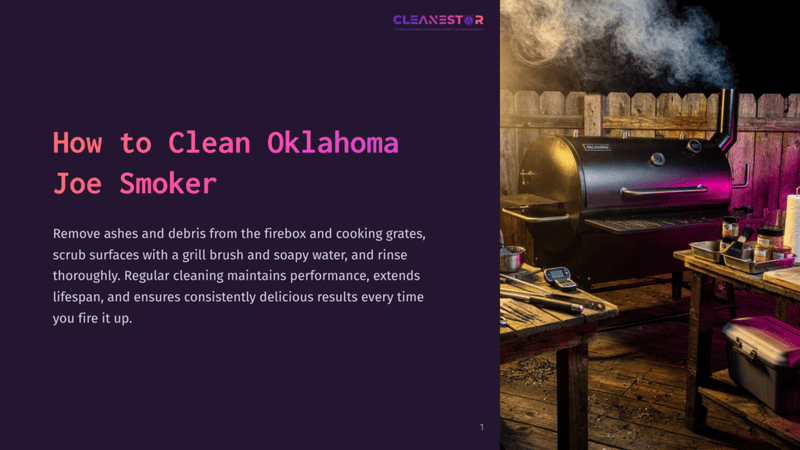 1 How To Clean Oklahoma Joe Smoker A Black Oklahoma Joe Smoker Sits Beside A Wooden Table With Cleaning Tools, Against A Rustic Wooden Backdrop And Glowing Embers.