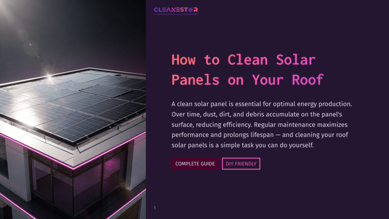 1 How To Clean Solar Panels On Your Roof Cleanestor Logo At The Top Of A Dark Purple Background. Below The Logo, The Title &Quot;How To Clean Solar Panels On Your Roof&Quot; Is Displayed In Large White Text. The Text Explains That Regular Maintenance Maximizes Performance And Prolongs Lifespan, And Cleaning Your Roof Solar Panels Is A Simple Task.