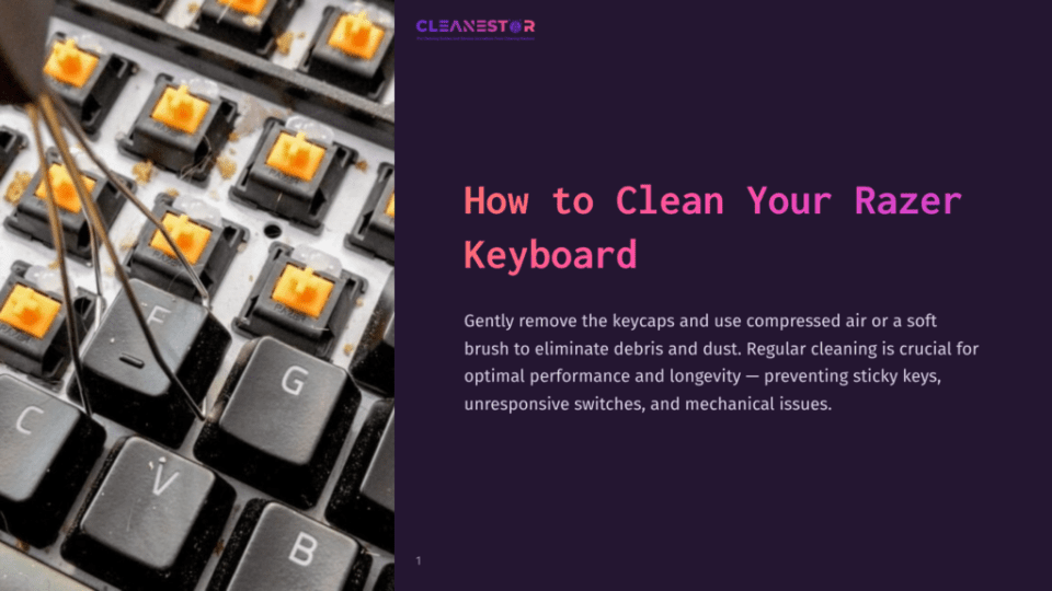 1 How To Clean Your Razer Keyboard Close-Up Of A Razer Keyboard With Orange Mechanical Switch Tops Removed, Showing The Clean Interior Being Worked On With A Tool. Text Overlay Reads &Quot;How To Clean Your Razer Keyboard&Quot;.
