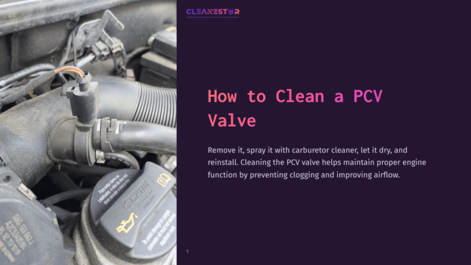 1 How To Clean A Pcv Valve Close-Up Of A Car Engine Compartment Showing A Pcv Valve And Hoses, With A Focus On Maintenance Instructions And A Cleaner Product.