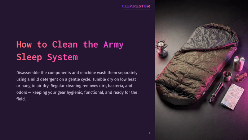 1 How To Clean The Army Sleep System A Green Sleeping Bag Laid Flat With A Lantern And Small Gear Items Beside It, Against A Dark Purple Background.