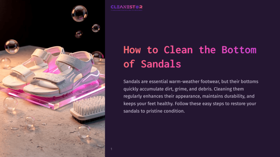 1 How To Clean The Bottom Of Sandals Cleanestor Logo Above A Title &Quot;How To Clean The Bottom Of Sandals&Quot; Next To A Pair Of White And Pink Sandals On A Pink Acrylic Stand, With A Cleaning Brush And Soap Bubbles In The Background.