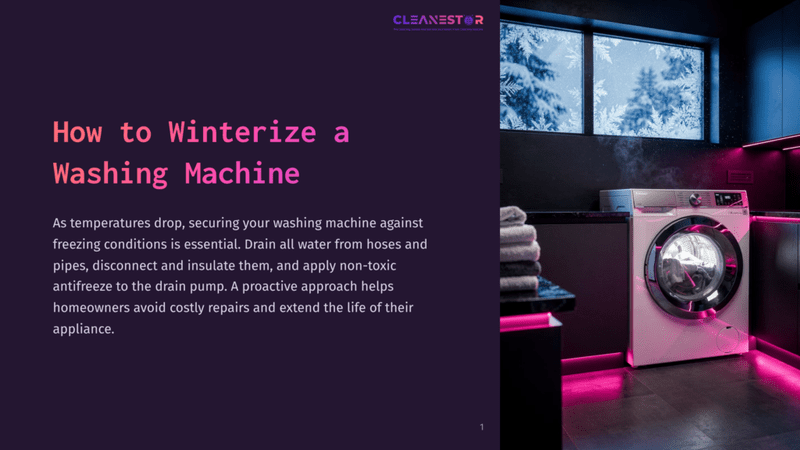 1 How To Winterize A Washing Machine A Modern Washing Machine In A Dimly Lit Laundry Room, Surrounded By Towels, With A Snowy Window View And Pink Ambient Lighting.