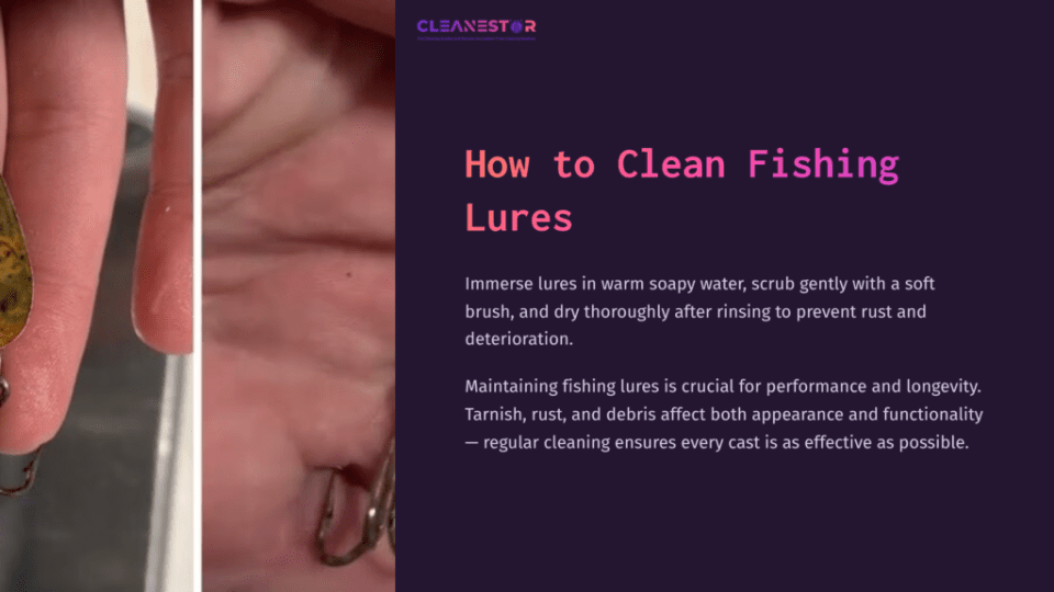 1 How To Clean Fishing Lures Close-Up Of A Hand Holding A Shiny Green Fishing Lure, With A Soft Brush Nearby, Illustrating A Cleaning Process.