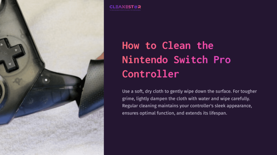 1 How To Clean The Nintendo Switch Pro Controller Close-Up Of A Nintendo Switch Pro Controller Being Cleaned With A Black Cloth, Set Against A Purple Background.