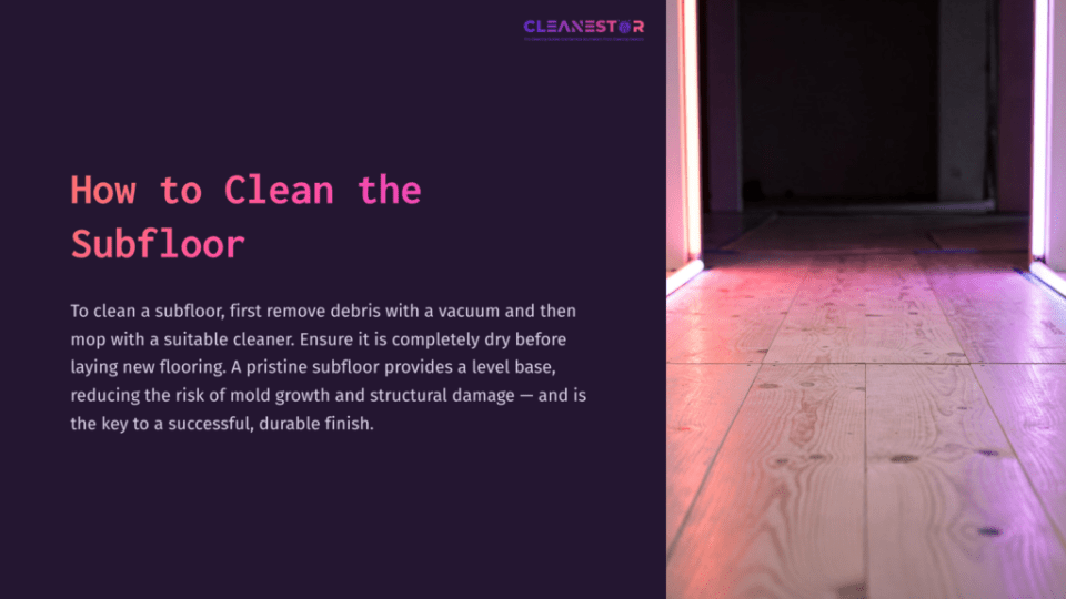 1 How To Clean The Subfloor Wooden Subfloor With A Clean, Polished Look, Complemented By Warm Lighting And A Deep Purple Background, Emphasizes A Tidy Workspace.