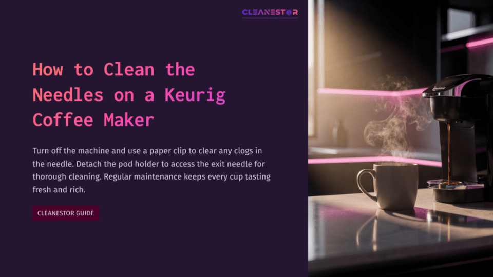 1 How To Clean The Needles On A Keurig Coffee Maker 1 Keurig Coffee Maker In A Dimly Lit Setting With A Guide Title. Vibrant Purple Text Highlights Needle Cleaning Instructions.