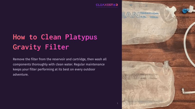 A Platypus Gravity Filter Alongside Its Clean Reservoir And Cartridge, Set Against A Dark Background With Instructional Text.