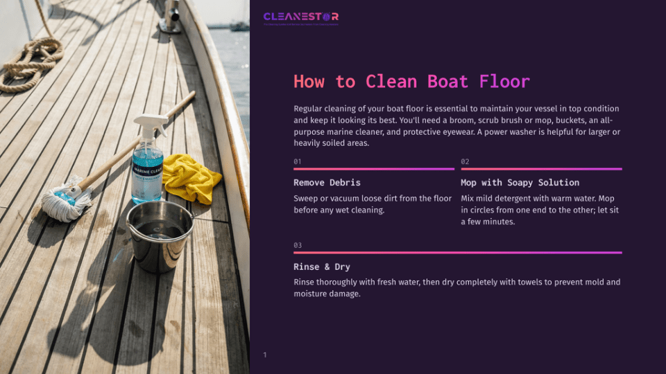 1 How To Clean Boat Floor Boat Cleaning Supplies: A Spray Bottle Of Marine Cleaner, A Yellow Cloth, And A Mop With A Bucket Of Soapy Water On A Wooden Deck.