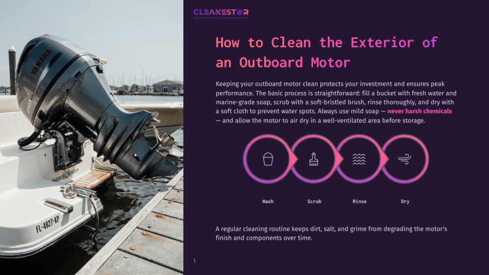 1 How To Clean The Exterior Of An Outboard Motor Yamaha Outboard Motor On The Back Of A White Boat, Detailed With The Text &Quot;Fl-4827-Xp&Quot; On The Boat And &Quot;Cleanestor&Quot; On A Graphic Overlay With Cleaning Steps: Wash, Scrub, Rinse, Dry.