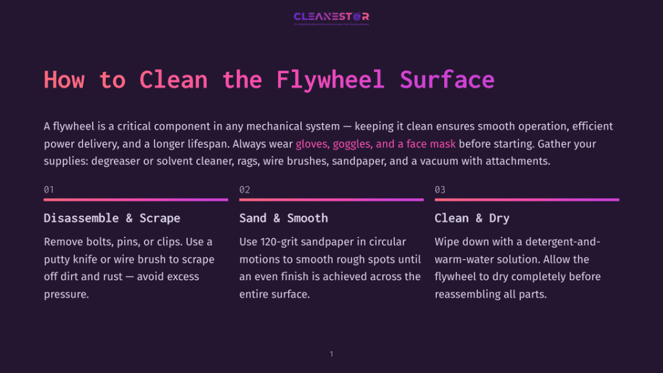 1 How To Clean The Flywheel Surface Infographic Titled &Quot;How To Clean The Flywheel Surface&Quot; With Three Steps: Disassemble &Amp; Scrape, Sand &Amp; Smooth, And Clean &Amp; Dry, Advising On Mechanical System Maintenance.