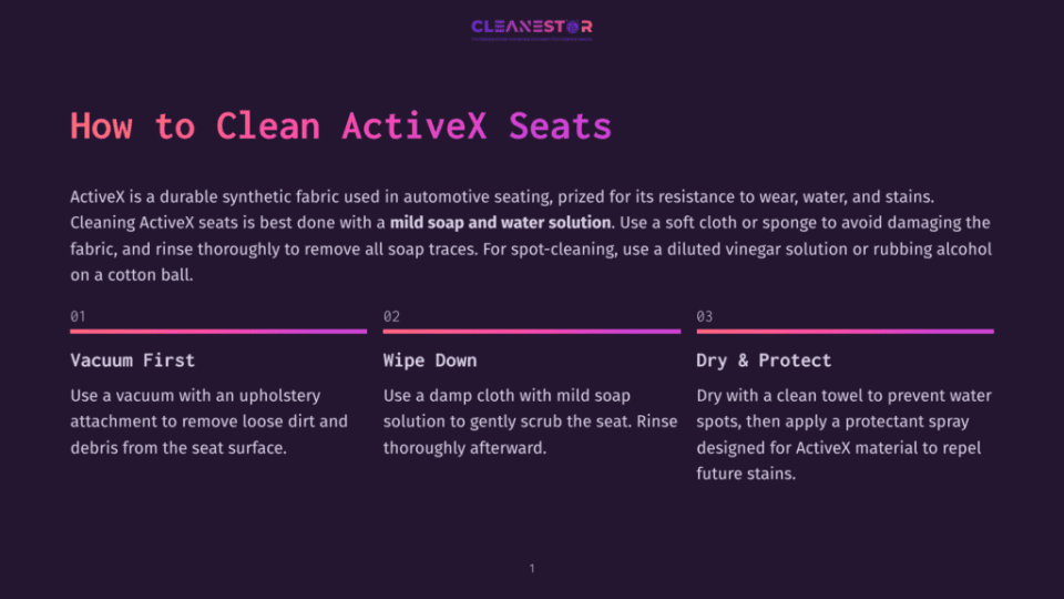 1 How To Clean Activex Seats Infographic Titled &Quot;How To Clean Activex Seats&Quot; Detailing Three Steps: Vacuum First, Wipe Down, And Dry &Amp; Protect, With Instructions For Each Step.