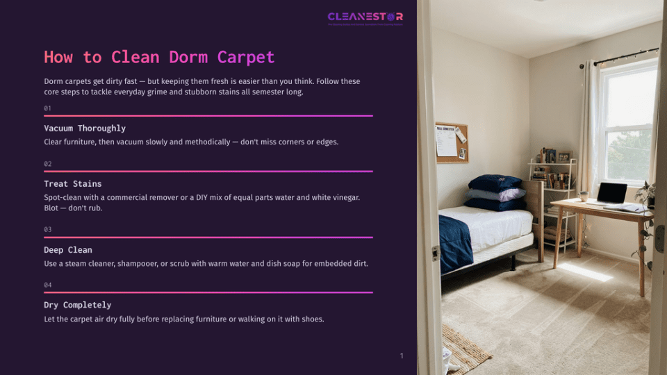 1 How To Clean Dorm Carpet A Bedroom With A Bed, Desk, And Window, Featuring A Graphic Overlay With Steps On How To Clean Dorm Carpet: Vacuum Thoroughly, Treat Stains, Deep Clean, And Dry Completely.