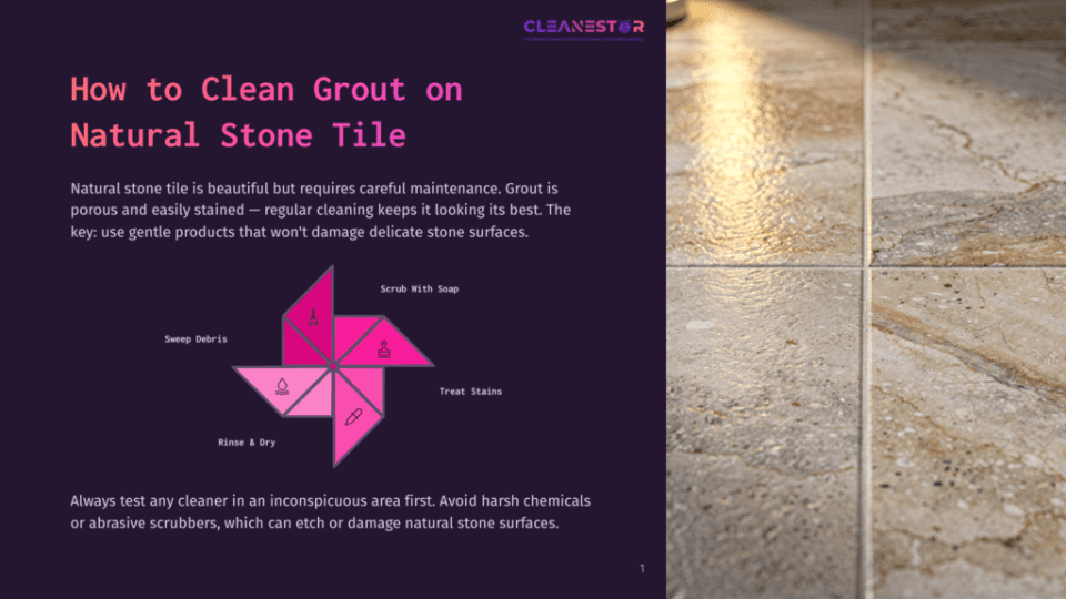 1 How To Clean Grout On Natural Stone Tile Diagram Illustrating How To Clean Grout On Natural Stone Tiles, With Steps Including &Quot;Scrub With Soap,&Quot; &Quot;Treat Stains,&Quot; &Quot;Rinse &Amp; Dry,&Quot; And &Quot;Sweep Debris.
