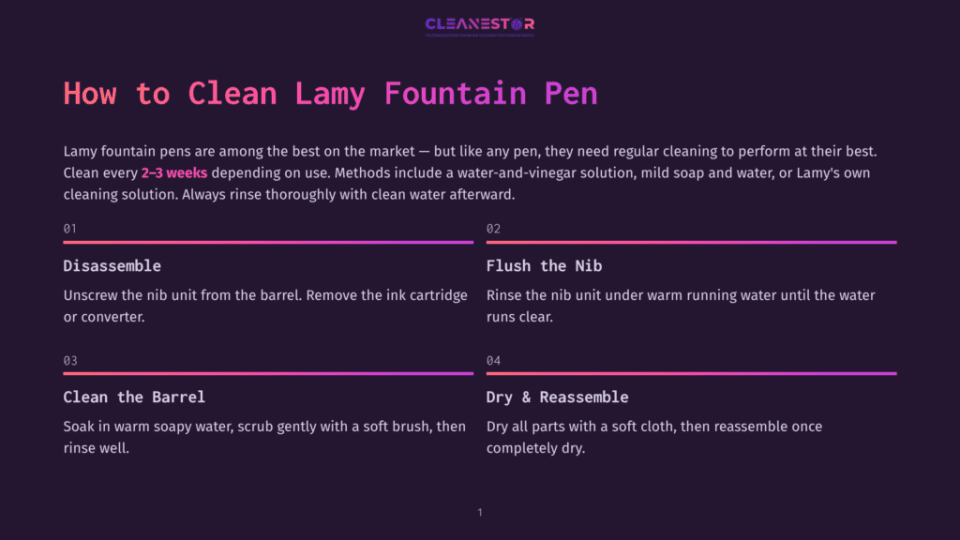 1 How To Clean Lamy Fountain Pen Infographic Titled &Quot;How To Clean Lamy Fountain Pen&Quot; With Steps: 1. Disassemble, 2. Flush The Nib, 3. Clean The Barrel, 4. Dry &Amp; Reassemble. Features Purple And Pink Gradient Accents.
