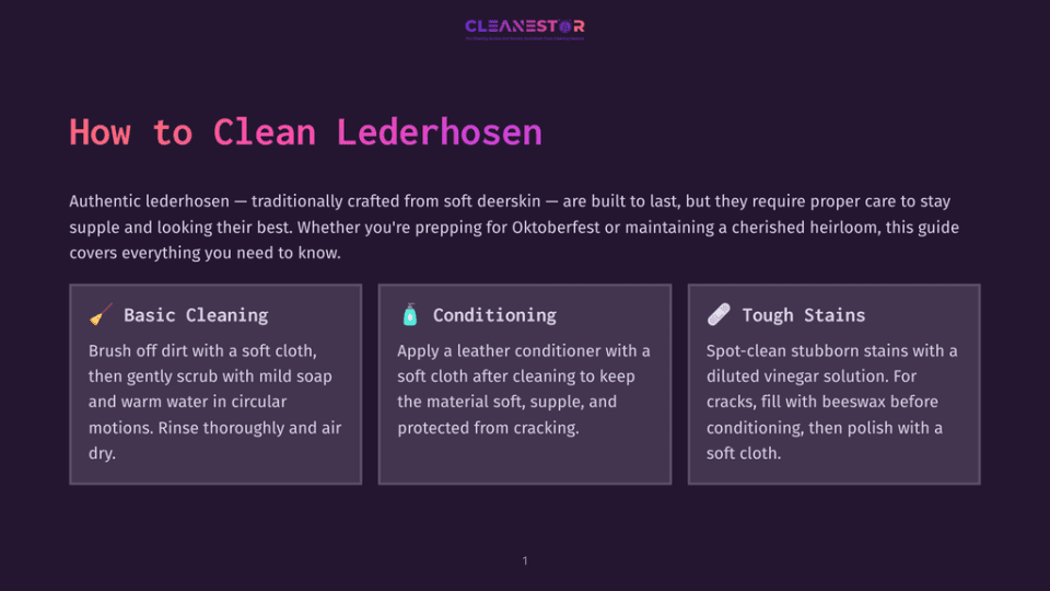 1 How To Clean Lederhosen Illustration With The Title &Quot;How To Clean Lederhosen.&Quot; Three Sections Detail Basic Cleaning, Conditioning, And Tough Stain Removal For Authentic Lederhosen.