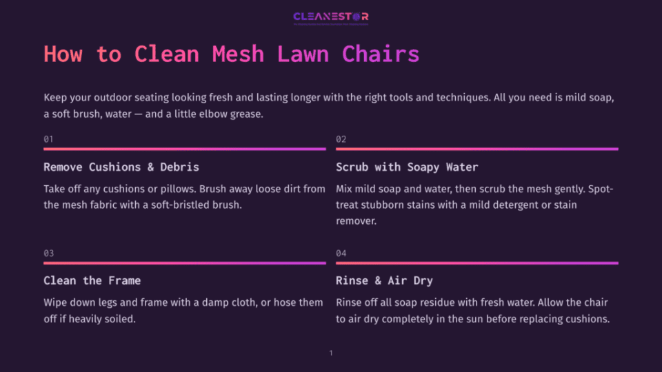 1 How To Clean Mesh Lawn Chairs Instructions On How To Clean Mesh Lawn Chairs, With Steps Titled &Quot;Remove Cushions &Amp; Debris,&Quot; &Quot;Scrub With Soapy Water,&Quot; &Quot;Clean The Frame,&Quot; And &Quot;Rinse &Amp; Air Dry.