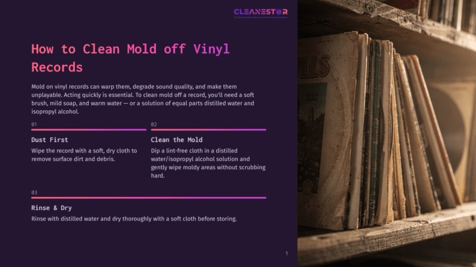 1 How To Clean Mold Off Vinyl Records Close-Up Of Vintage Vinyl Records On A Shelf, With Text Overlay On The Left About How To Clean Mold Off Vinyl Records. The Records Have Colorful Album Art And Appear Aged.