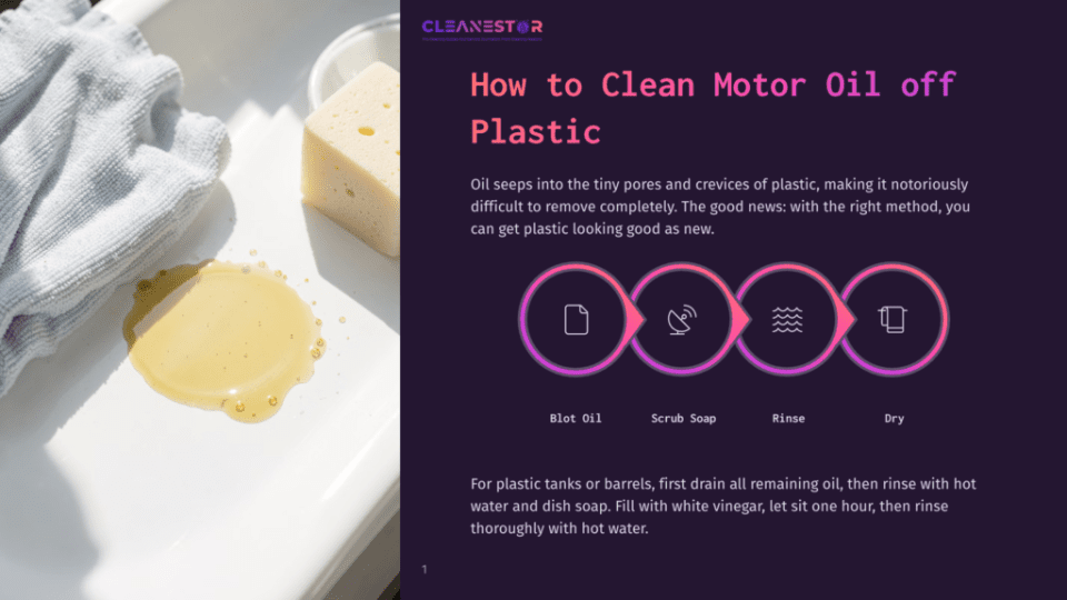 1 How To Clean Motor Oil Off Plastic A Close-Up Of Motor Oil Spilled On A White Sink Next To A Sponge And A Grey Cloth. The Image Is Part Of A &Quot;Cleanestor&Quot; Infographic Titled &Quot;How To Clean Motor Oil Off Plastic&Quot;.