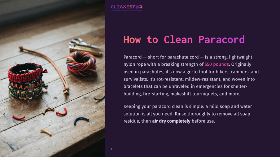 1 How To Clean Paracord A Close-Up Of Colorful Paracord Bracelets And Loose Paracord Strands On A Rustic Wooden Table, With Scissors In The Background. Text Reads &Quot;Cleanestor How To Clean Paracord.