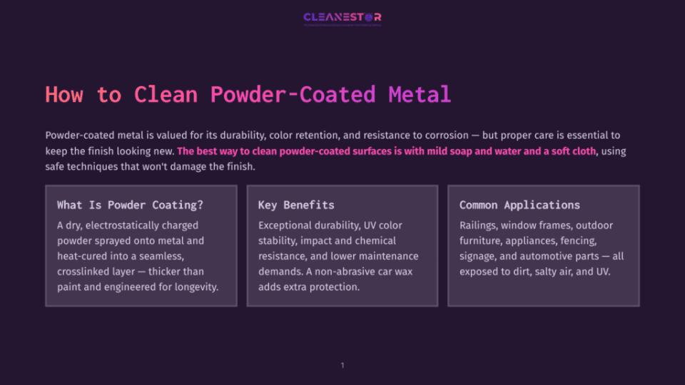 1 How To Clean Powder Coated Metal A Dark Background With The Title &Quot;How To Clean Powder-Coated Metal&Quot; In Large, Bold, Purple Text. Below, White Text Explains That Powder-Coated Metal Is Valued For Its Durability, Color Retention, And Resistance To Corrosion, And Proper Care Is Essential To Keep The Finish Looking New. The Best Way To Clean Powder-Coated Surfaces Is With Mild Soap And Water And A Soft Cloth, Using Safe Techniques That Won'T Damage The Finish.