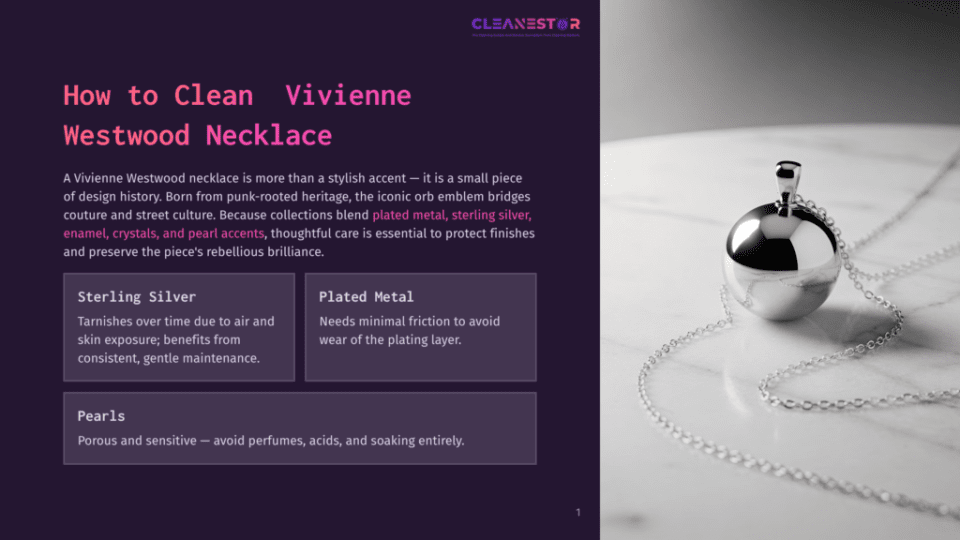 1 How To Clean Vivienne Westwood Necklace A Vivienne Westwood Orb Necklace With A Silver Chain Rests On A White Marble Surface. The Necklace Features A Silver Orb Pendant With An Iconic Vivienne Westwood Orb Emblem, Adorned With Crystals And Enamel Accents.