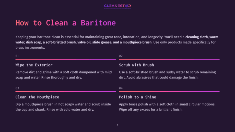 1 How To Clean A Baritone Infographic Titled &Quot;How To Clean A Baritone&Quot; With Steps: Wipe The Exterior, Scrub With Brush, Clean The Mouthpiece, And Polish To A Shine, Featuring Brass Instrument Cleaning Instructions.