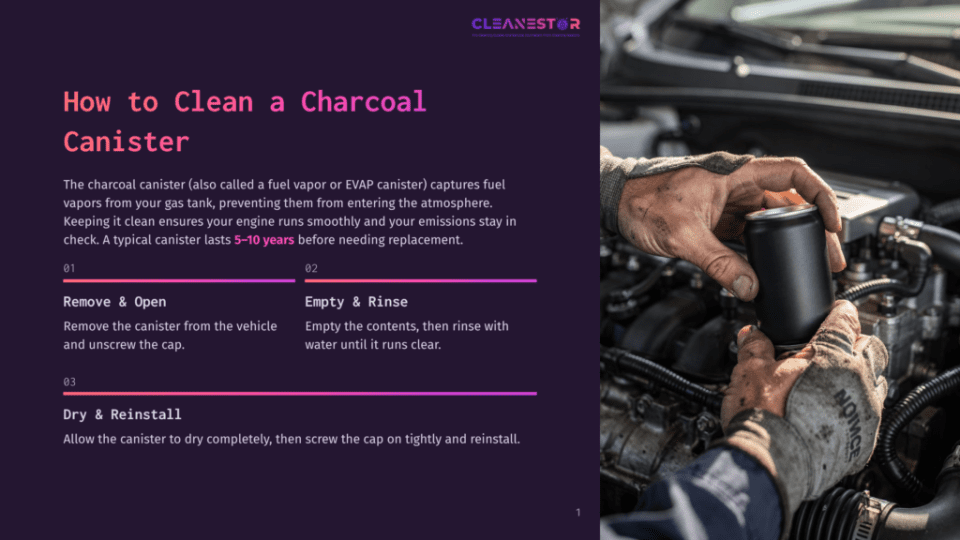 1 How To Clean A Charcoal Canister Hands Wearing Work Gloves Hold A Black Charcoal Canister, With A Car Engine Visible In The Background. Text Overlay Reads &Quot;Cleanestor How To Clean A Charcoal Canister.