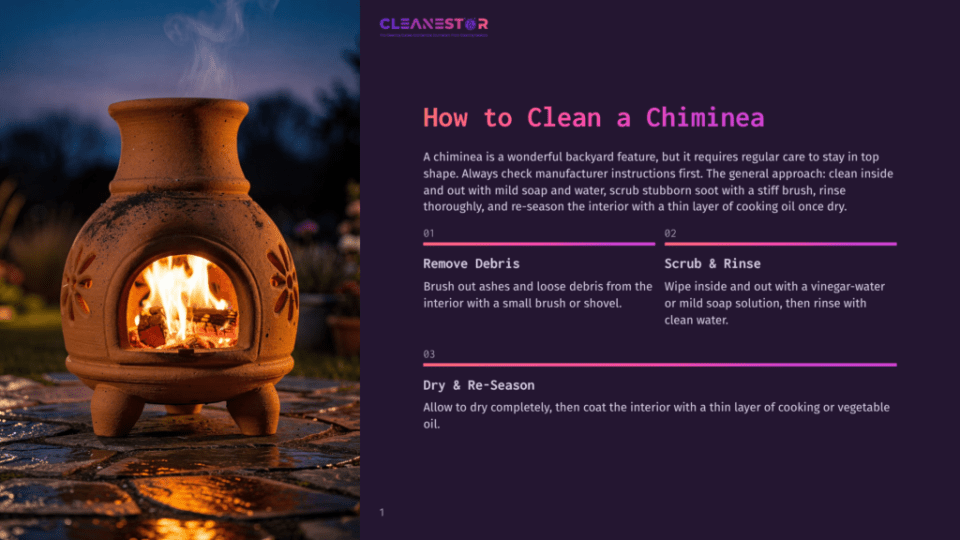 1 How To Clean A Chiminea A Terracotta Chiminea Glows With A Warm Fire At Dusk, With A Guide On How To Clean A Chiminea Overlaid On The Right.