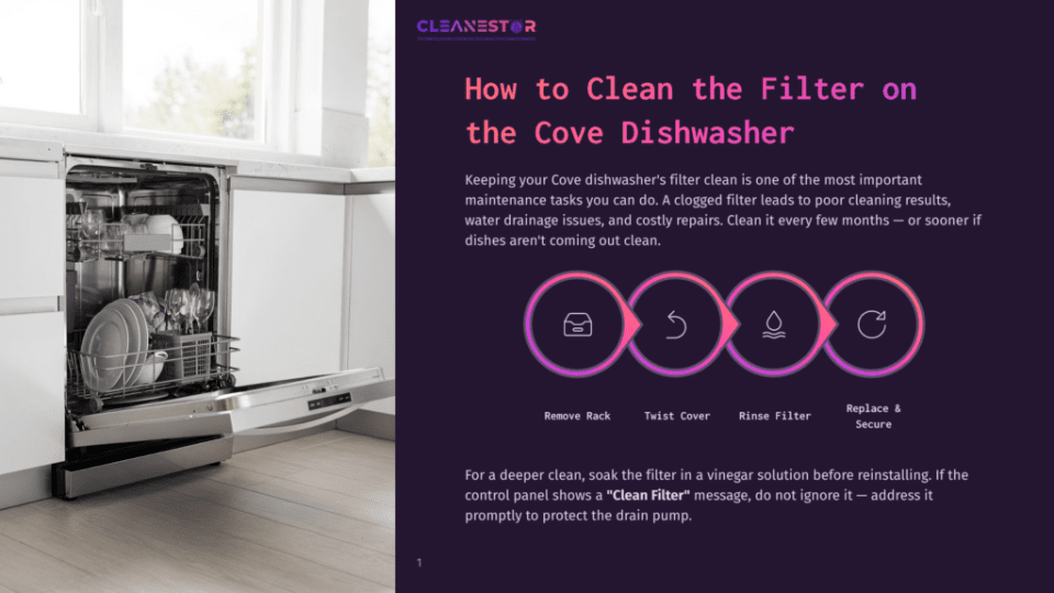 1 How To Clean The Filter On The Cove Dishwasher A Modern, Open Dishwasher With Dishes Inside, Next To A Kitchen Counter. The Text &Quot;Cleanestor&Quot; And &Quot;How To Clean The Filter On The Cove Dishwasher&Quot; Is Visible.