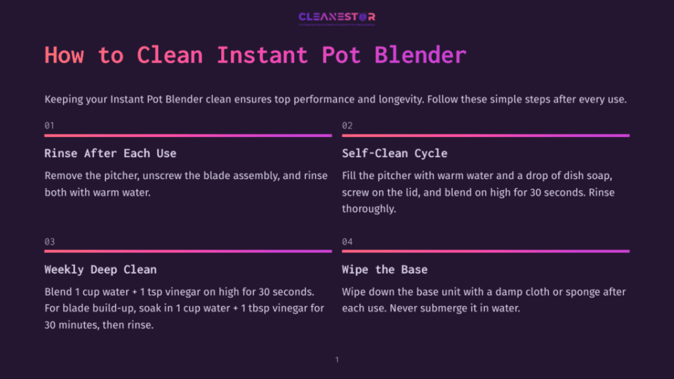 1 How To Clean Instant Pot Blender Infographic With The Title &Quot;How To Clean Instant Pot Blender&Quot; Detailing Four Steps: Rinse After Each Use, Self-Clean Cycle, Weekly Deep Clean, And Wipe The Base. The Steps Provide Instructions For Cleaning An Instant Pot Blender.