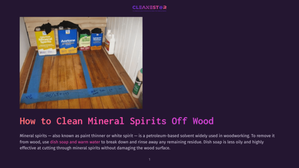 1 How To Clean Mineral Spirits Off Wood Wood Floor Planks With Blue Painter'S Tape And Various Cleaning Solvent Bottles, Including Odorless Mineral Spirits, Acetone, And Lacquer Thinner, Labeled For Cleaning Tests.