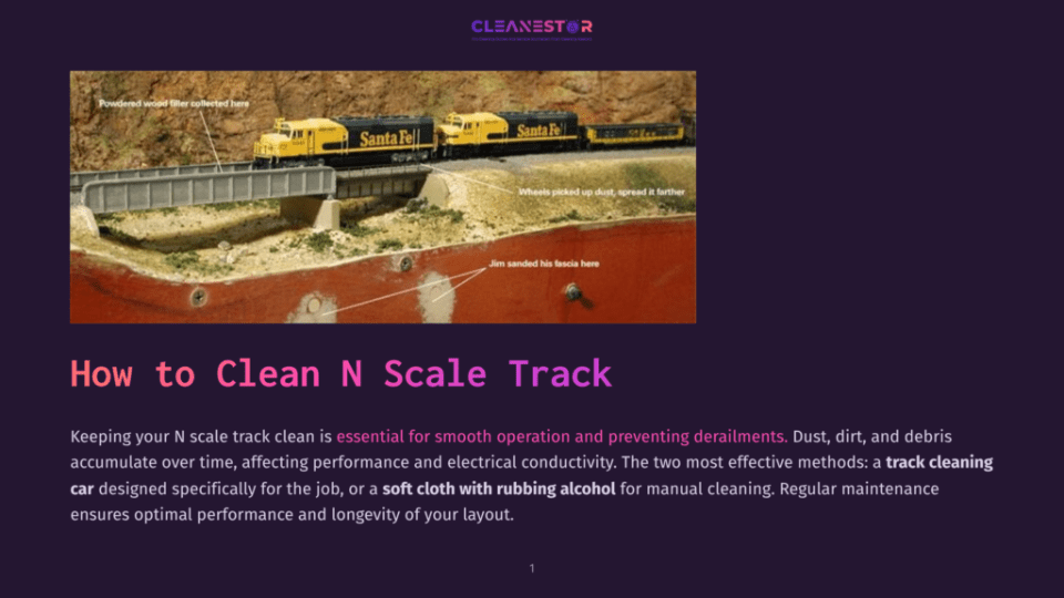 1 How To Clean N Scale Track Close-Up Of N Scale Model Train Track Cleaning. A Model Train With Santa Fe Livery Sits On A Track That Has Been Sanded And Is Being Cleaned Of Dust, As Indicated By Text Overlays.