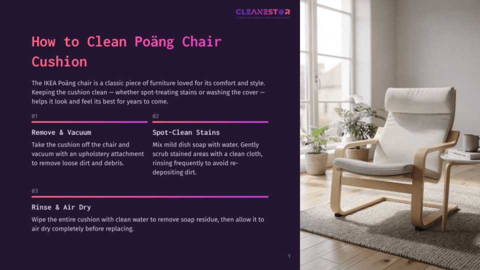 1 How To Clean Poang Chair Cushion Cleanestor Logo Above Instructions On How To Clean Ikea Poäng Chair Cushion. A Light-Colored Poäng Chair With A Cushion Sits In A Sunlit Room.