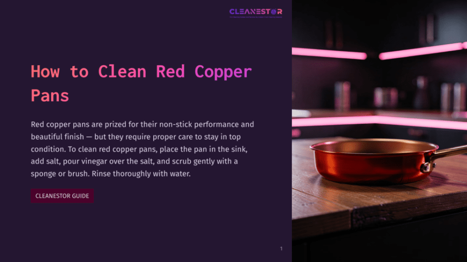 1 How To Clean Red Copper Pans 1 A Copper Pan Sits On A Wooden Counter, Illuminated By Pink Lights, Next To A Sink With The Text &Quot;How To Clean Red Copper Pans&Quot; Displayed Above It.