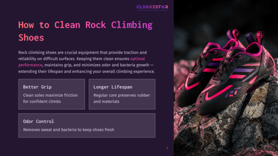 1 How To Clean Rock Climbing Shoes Close-Up Of Black Rock Climbing Shoes With Vibrant Pink And Purple Accents Resting On A Textured, Grey Rock. The Shoes Feature Prominent Branding And Laces.