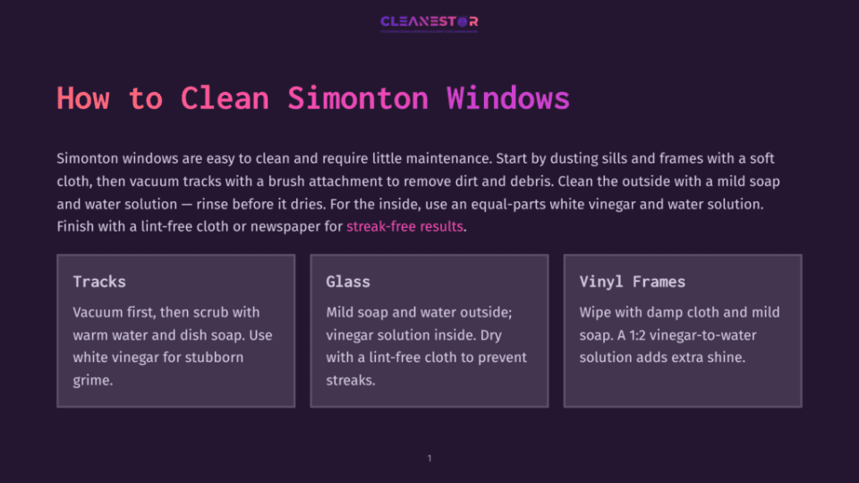 1 How To Clean Simonton Windows Cleanestor Logo Above Text: &Quot;How To Clean Simonton Windows.&Quot; Sections Detail Cleaning Tracks, Glass, And Vinyl Frames For Simonton Windows.