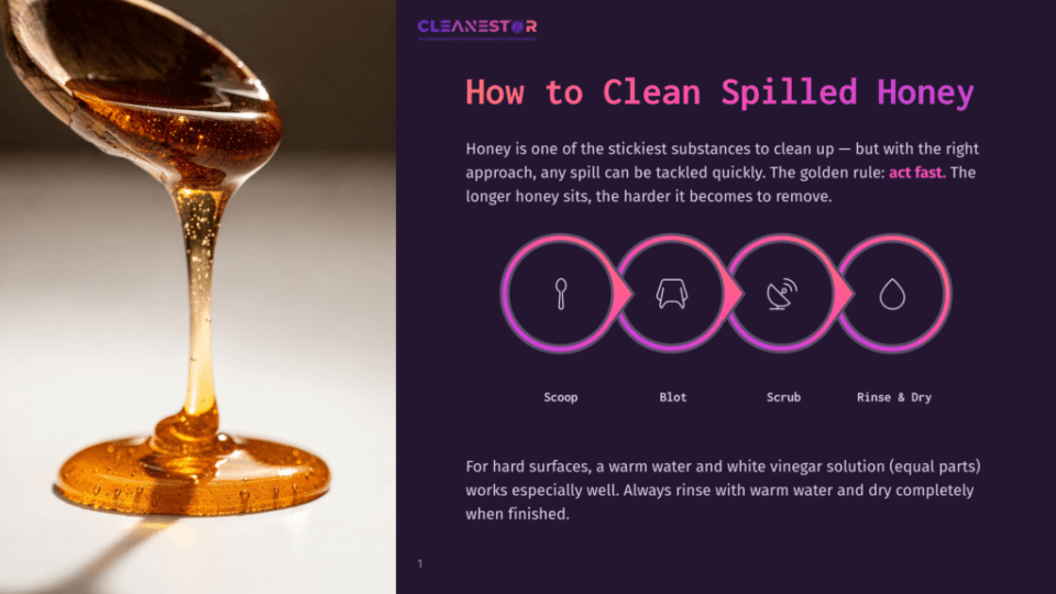 1 How To Clean Spilled Honey Thick, Golden Honey Drips From A Wooden Spoon, Showcasing Its Sticky Texture. The Image Is Part Of A &Quot;Cleanestor&Quot; Guide On How To Clean Spilled Honey, With Illustrated Steps: Scoop, Blot, Scrub, And Rinse &Amp; Dry.