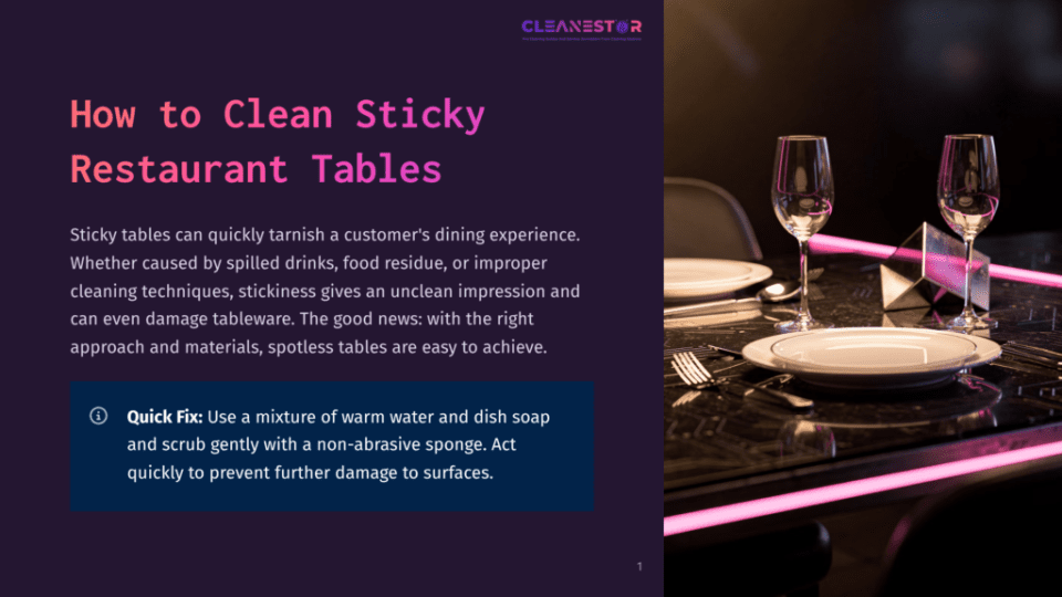 1 How To Clean Sticky Restaurant Tables A Close-Up Of A Beautifully Set Restaurant Table With Two Wine Glasses, Plates, And Cutlery, Illuminated By Vibrant Pink Neon Lights. The Dark, Reflective Tabletop Shows A Hint Of The &Quot;How To Clean Sticky Restaurant Tables&Quot; Text Overlay.